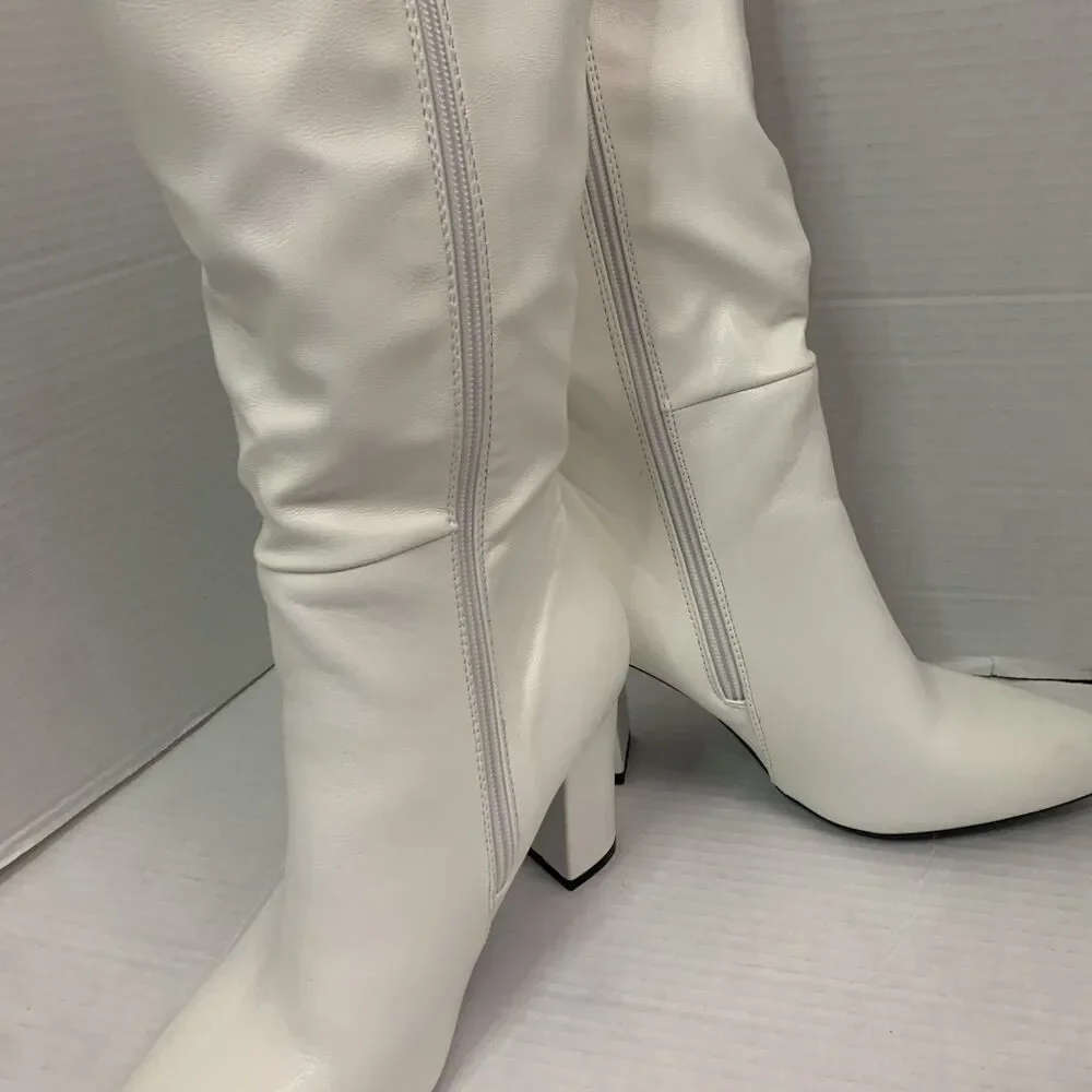 Womens Pointed Toe Zip Up Formal Chunky High Heel Knee High Boots - Picture 5 of 8